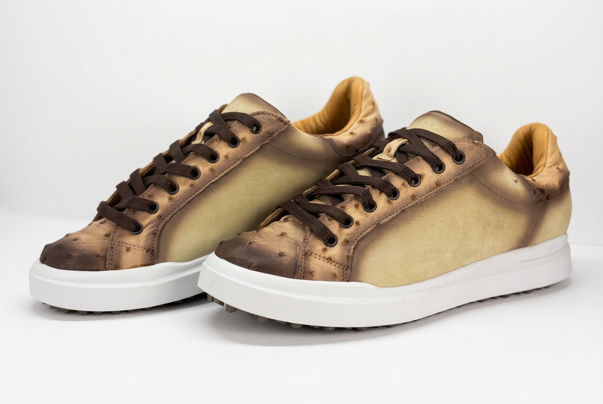 Tenis beige y café sobre fondo blanco